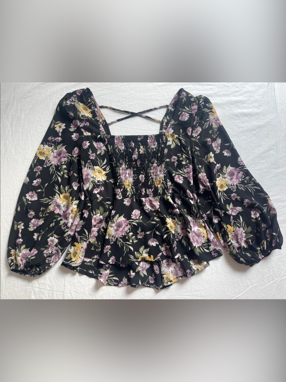 Crave Fame Black Floral Smocked Peasant Top